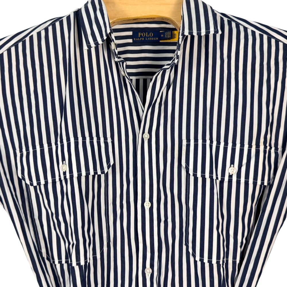 Polo Ralph Lauren Shirt Dress Womens 16 Navy White Stripe Poplin Belted Midi - Picture 5 of 10